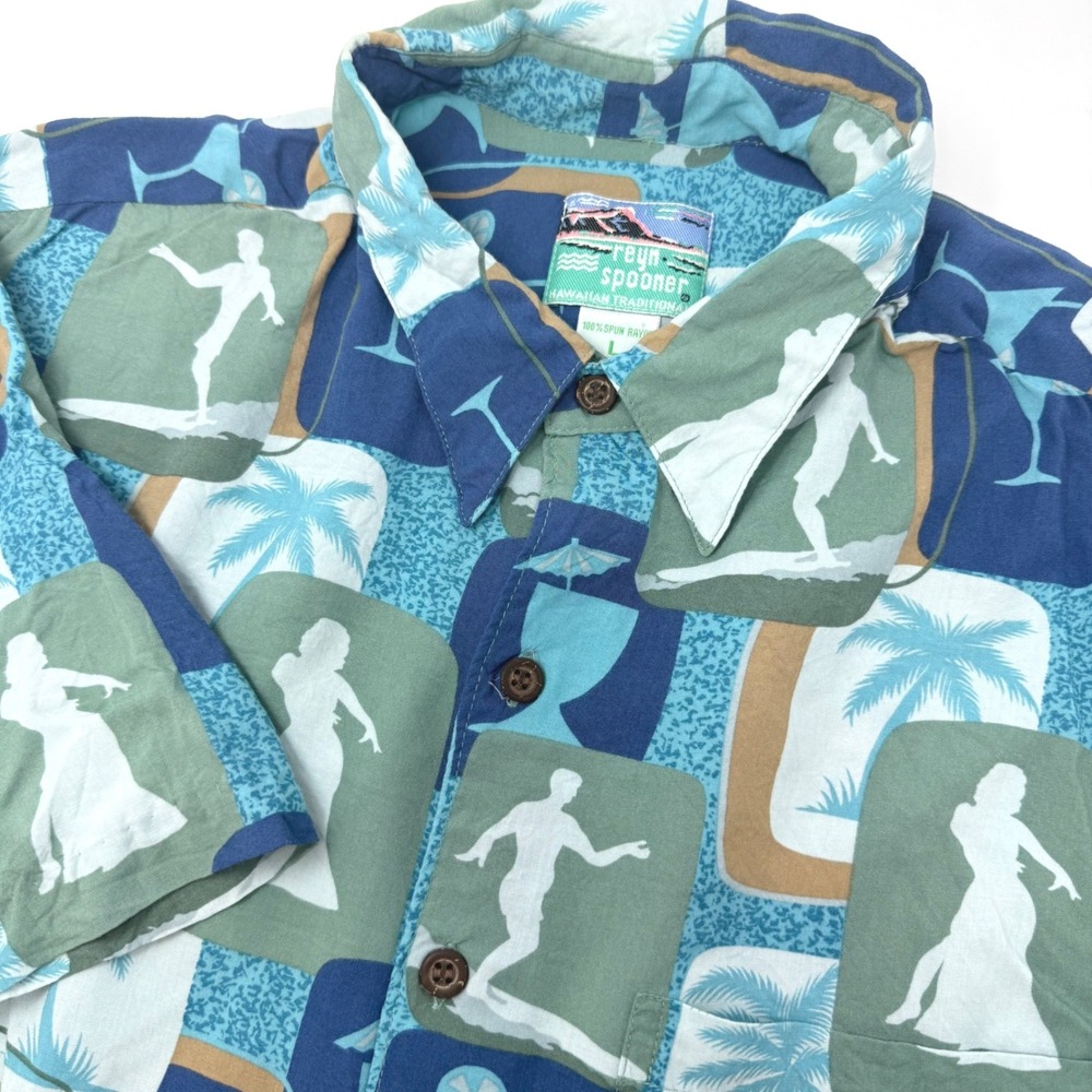 Reyn Spooner Mens Large Blue Surfer Hula Palm Tree Rayon Hawaiian Aloha Shirt